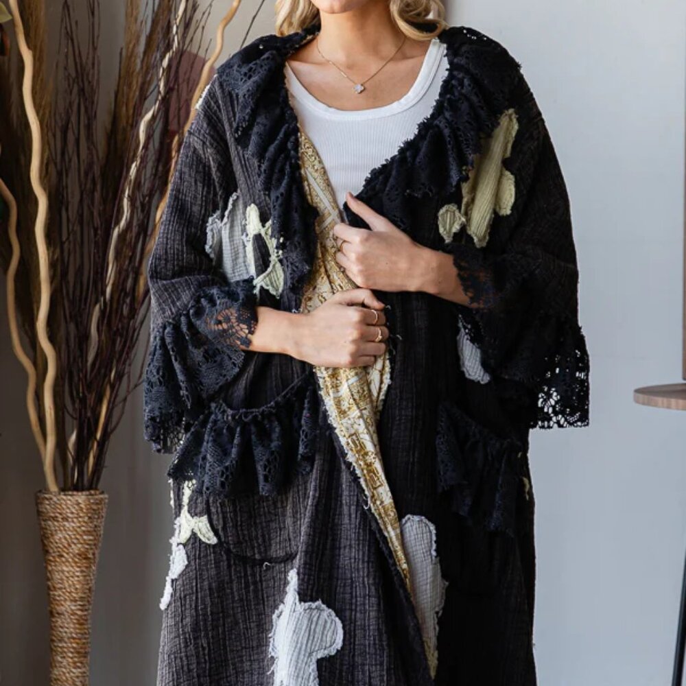 067Oli & Hali Flower Patchwork Lace Ruffle Sleeve Duster Washed Black Size Small - Picture 4 of 11